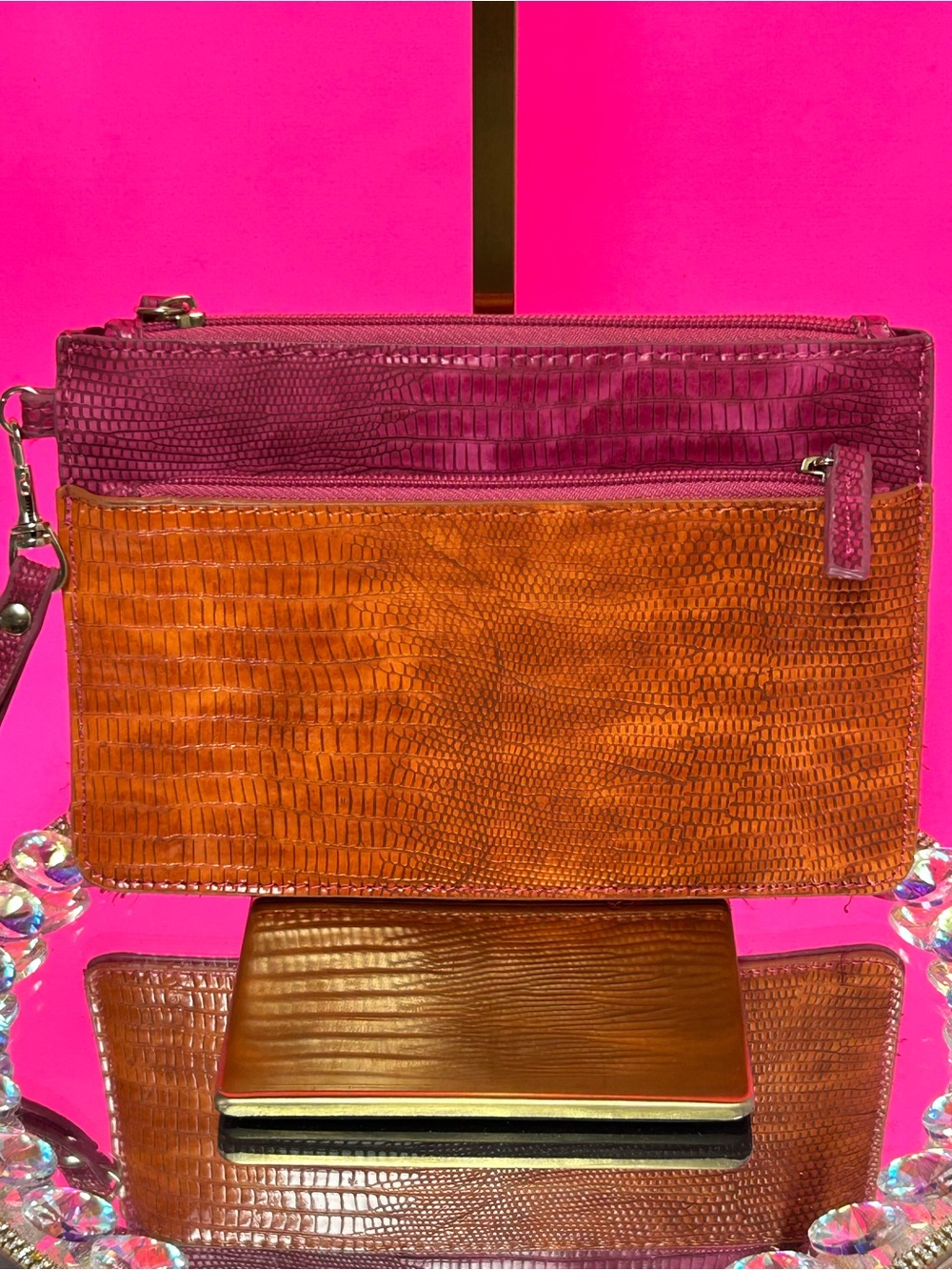 Chicos Two-Tone Orange & Magenta Leather Wristlet Approx. 8.5 x 5.5